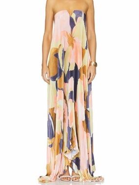Pleated Strapless Maxi Dress in Pastel Floral